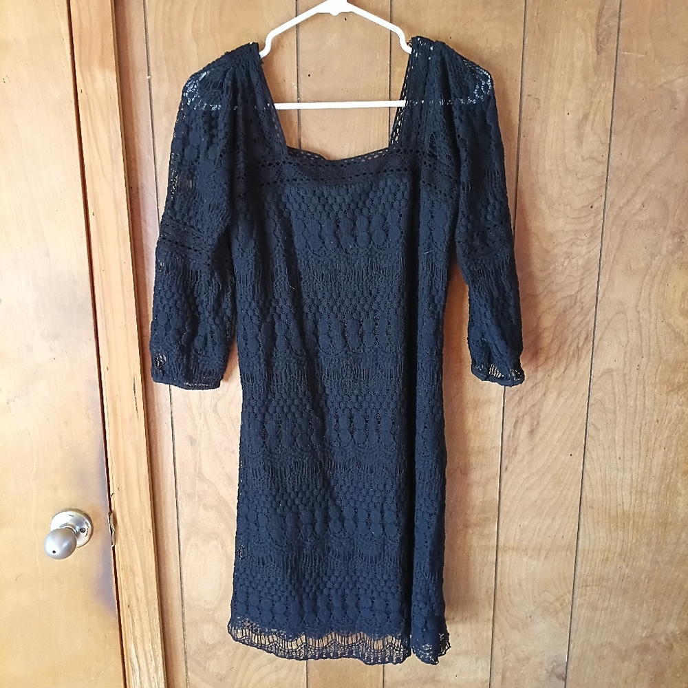 Solitaire Black Crochet Lace Dress Size M Boho 3/4 Sleeve Lined Mini